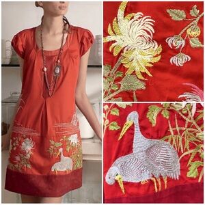 ANTHROPOLOGIE Floreat Cotton Embroidered Cap Sleeve‎ Gathered Back Dress Sz 4